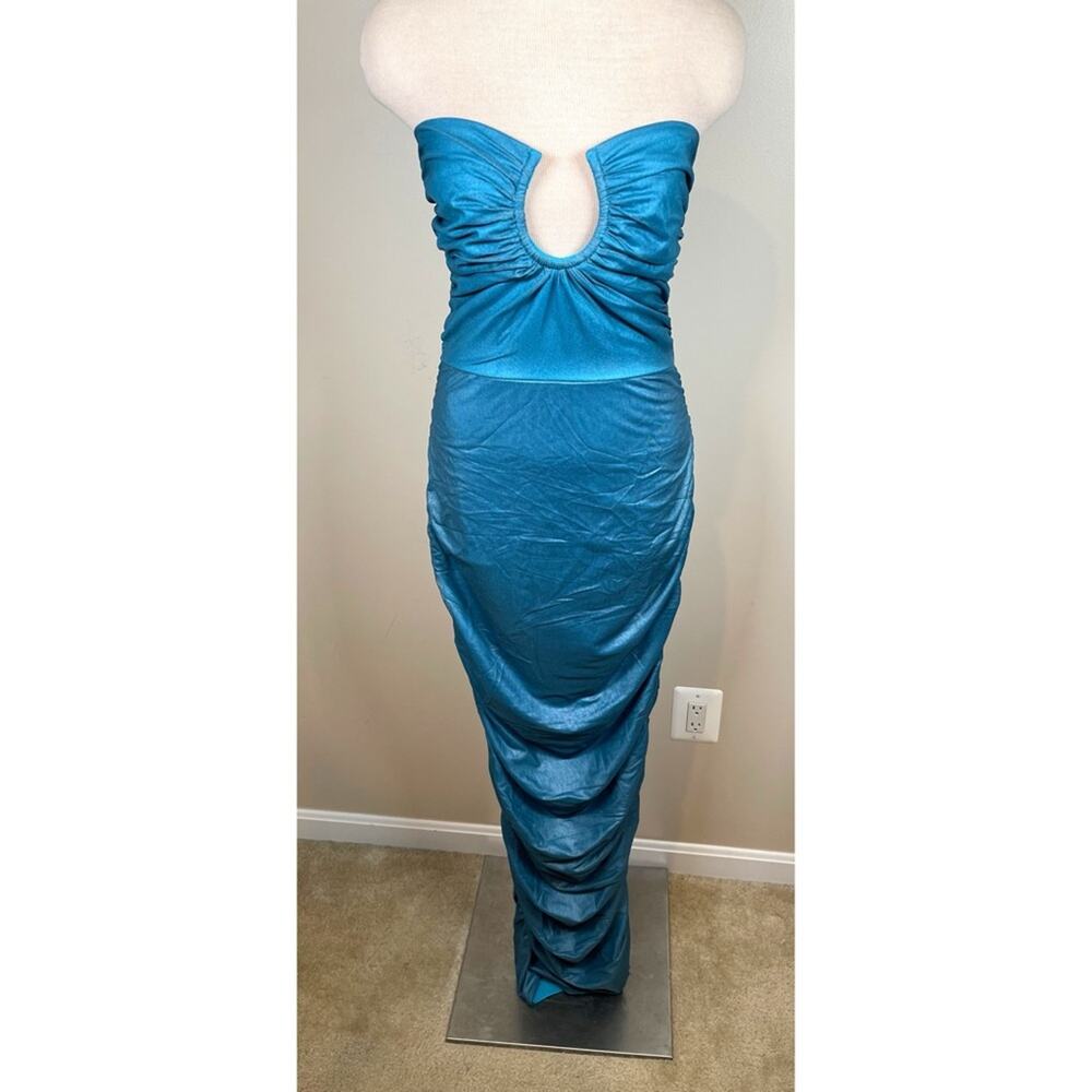 BAOBAB Magalenha Metallic Ruched Strapless Bodycon Sea Blue Maxi Dress Size M - Picture 2 of 7